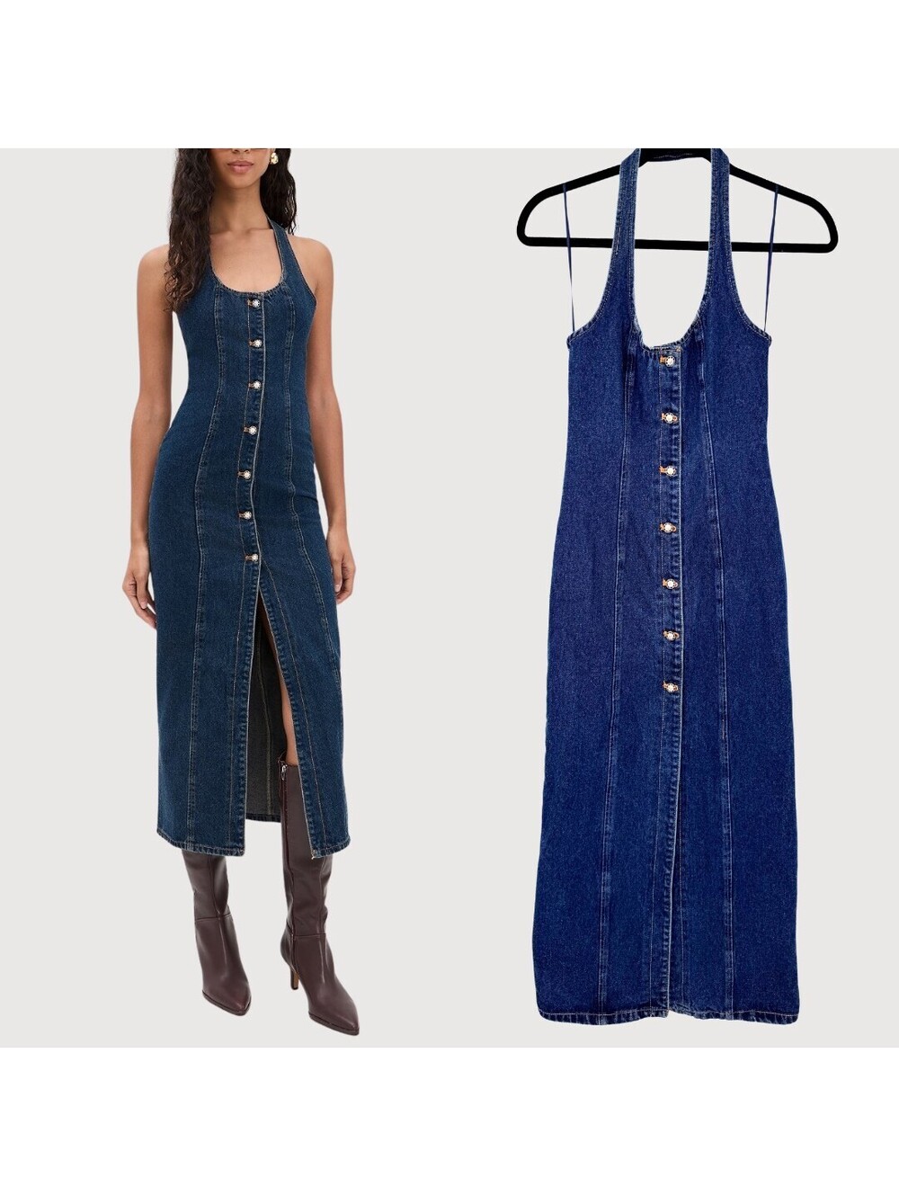 Lioness Kenny Indigo Denim Halter Button Maxi Dress XS